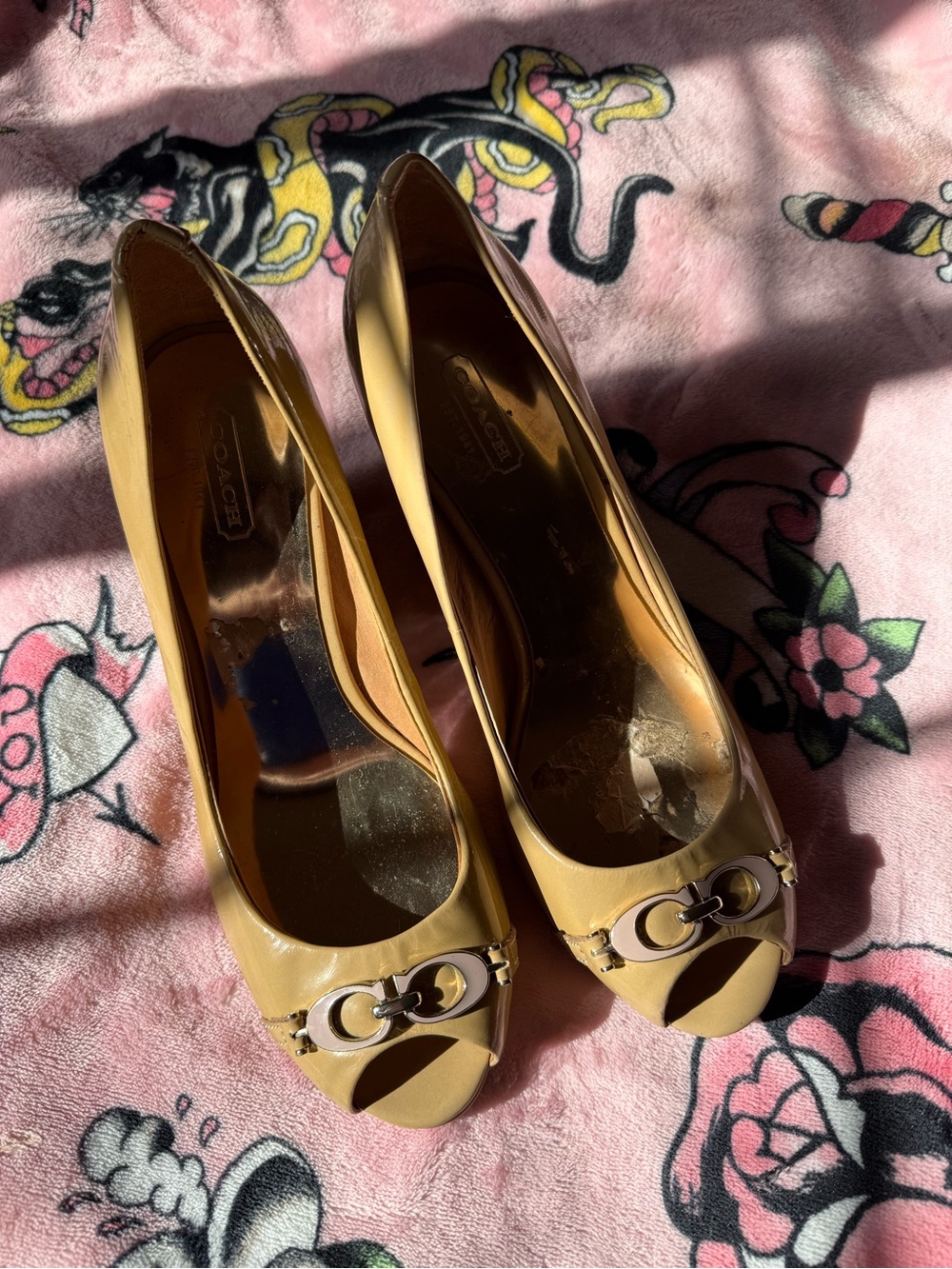 Coach Yellow Peep-Toe Leather Heels with Gold-Tone Signature Accent